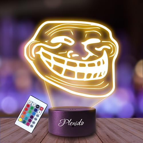Plexido Nachtlicht MEM Troll Gesicht TrollFace Illusion Lampe 3D Nachttischlampe Geschenk für Kinder Personalisiert Graveur Weltraum Kinderzimmer LED Licht Fernbedienung 16 Farbwechsel Wohnzimmer
