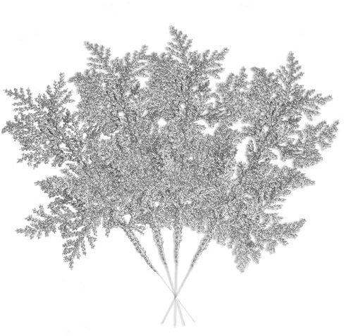 VEYLIN 10 Pcs Artificial Christmas Leaves Picks, Sliver Glitter Branches for Xmas Tree Wreath Festival Decoration
