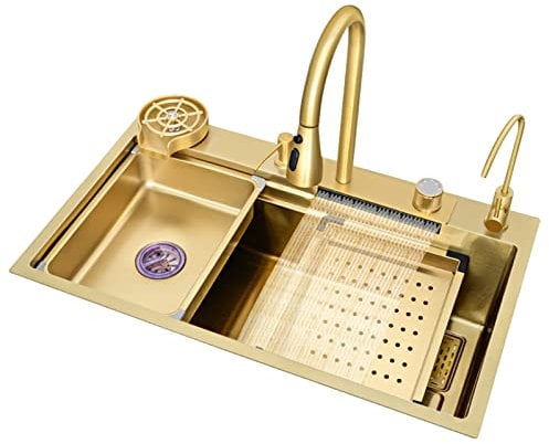 ANSNOW Gold Large Single Sink Raindance Waterfall Vegetable Basin Multifunctional Kitchen Sink Undermount Sink with Accessories/Gold/75 * 45 * 21Cm
