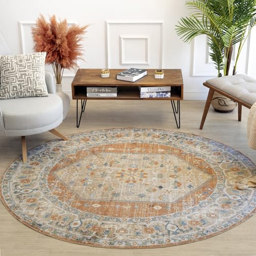 Livabliss Dukan Machine Washable - Vintage Area Living Room, Large 200 cm - Traditional Boho Style, Dining Room, Kitchen, Outdoor, Hallway - Cream and Orange