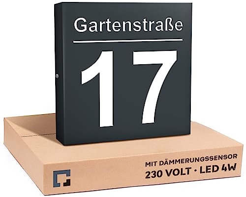 PRINTIMA Premium Gravur Personalisierter Hausnummer Anthrazit Beleuchtet Led Strom 230V, Hausnummernschild mit Dämmerungssensor |30x30cm, 4W /A+++| Wasserdicht, Funktion trifft auf Qualität und Stil