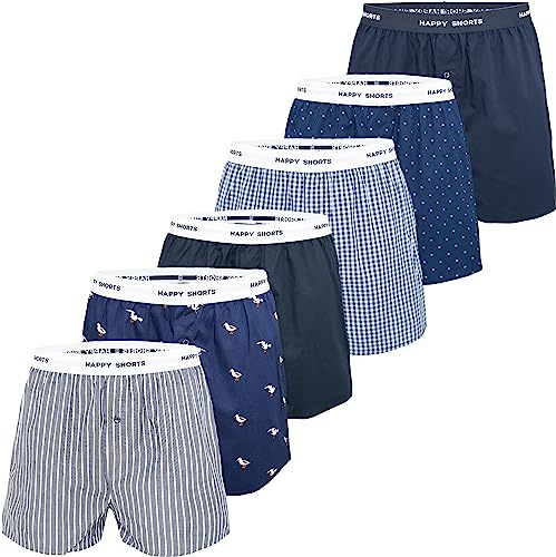 Happy Shorts Herren Boxershorts Unterhose 6er Pack Mix - Möwe-Geo - Größe L