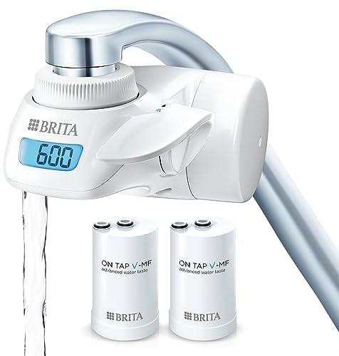 BRITA ON TAP Pro V-MF Wasserfiltersystem inkl. 2x Filterkartusche (600L) - für 99,99% bakterienfreies Wasser, reduziert PFAS, inkl. digitalem LCD-Countdown
