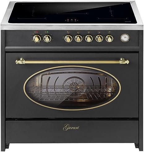 GURARI Fornello Con Piano Cottura a Induzione 90 cm 913 RU BL Retro | Range Coocker Autoportante Con 5 Zone (2 Flessibili) Tutti Con Booster | Nero
