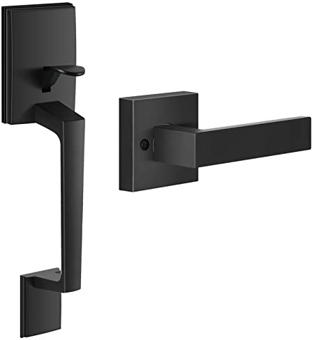 Front Door Handle, Single Cylinder Exterior Door Entry Handle with Door Lever, German Forging Technology Door Handle Set for House, Lever Reversible for Right and Left Sided Doors (Matte Black)