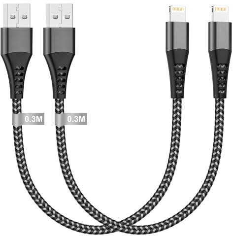 Cable iPhone Corto 30CM 2Pack[Certificado - MFi], Cable Cargador iPhone 0.3M Cable Lightning USB Corto Nylon Cable USB iPhone Carga Rapida para iPhone 14 13 12 11 Pro Max/XS/XR/8/7/6/SE/iPad Mini