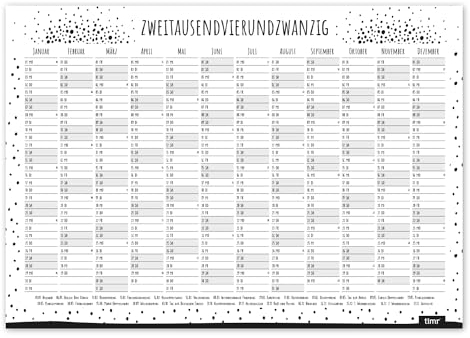 Wandkalender 2024 Dots I DIN A3 I weiß schwarz I Punkte I Jahreskalender groß Querformat I mit Feiertagen I Mädchen Frauen WG Familienplaner I tr225