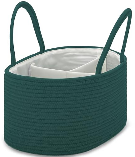 COMSE Large Nappy Caddy Organizer for Girl Boy, Baby Car Diaper Caddy with Handles, Cotton Rope Diaper Basket, Baby Shower Gifts Newborn Essentials Registry Must Have, Dark Green