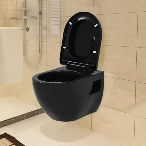 TANZEM Wall-Hung Toilet Ceramic Black,Modern Close Coupled Toilet, Bathrooms Toilets Back to Wall Ceramic Soft Closing Seat
