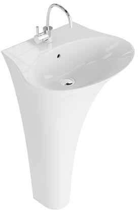 LAVITA Standwaschbecken Lavandino | Freistehendes Waschbecken Rund | Waschbecken mit Überlauf und Hahnloch | Aus hochwertigem Porzellan | Bodenstehende Waschtisch | 86x45x38,5 cm | Weiß Glanz