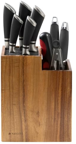 Navaris Knife Block & Utensil Organiser - Durable Acacia Wood Knife Holder without Knives - Removable & Washable Plastic Bristle for Random Sized Knives - Kitchen Storage Stand
