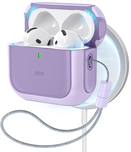 ESR für AirPods 4 Hülle, kompatibel mit AirPods 4 Gen (2024) (USB-C), Unterstützt kabelloses Laden, Schutzhülle mit Handschlaufe, Magnetischer Deckel, Orbit Hybrid Hülle, Lila