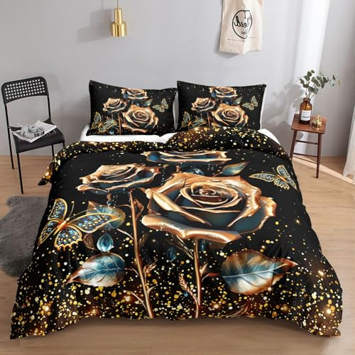HOSIMA Metallrose-Bettwäsche-Set für Erwachsene, Jungen und Mädchen, Metallrose-Druck, Bettbezug mit 2 Kissenbezügen (Metallrose M)