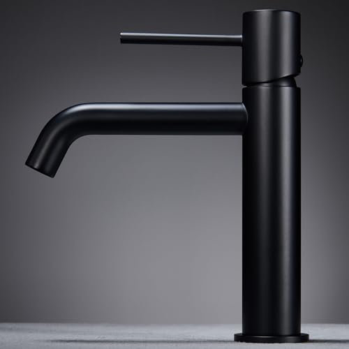 IMEX - Grifo Monomando Lavabo | Grifo Baño Mezclador Agua Fria y Caliente | Grifo para Baño Acero Inoxidable y Ahorro de Agua sobre Encimera | Serie Monza | Color Negro Mate