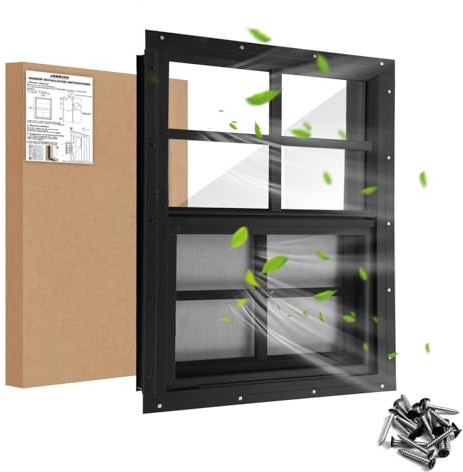 JONRIOX Ventana de cobertizo de 16 pulgadas de ancho x 16 pulgadas de alto, ventana corrediza, montaje empotrado gris de aluminio con vidrio templado y pantalla de acero inoxidable, ventana de casa de
