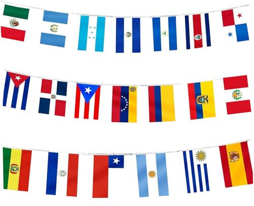 20 Länder Spanisch sprechende Flaggen, 19,7ft verschiedene Lateinamerika Latino Flags Internationale Flaggen Banner Saite für spanische traditionelle Monats- und Kulturereignisse