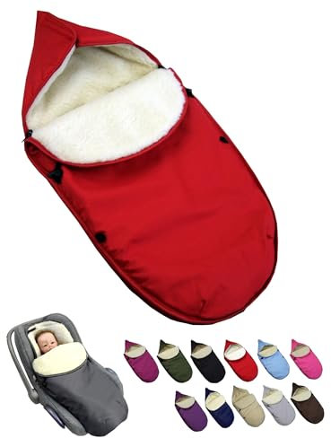 Fußsack für Babyschale [Winterfußsack] für Kinderautositz Gruppe 0+ und Kinderwagenschale 3-Punkt- und 5-Punkt-Gurtsystem universal Lammwolle Sitzauflage verstellbar (rot)