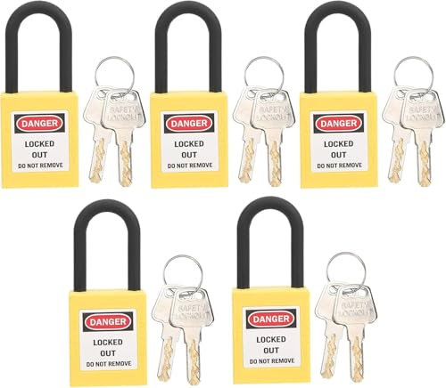 CYSFETENA 5 Sets Lockout Tagout Schloss, 38mm Stahl Korrosionsbeständig Vorhängeschlösser Gleichschließend Set, Hängeschloss für Lock Out Tag Out Stationen Erdöl Gas Chem (Gelb)