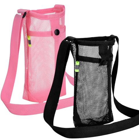 YUYWWAN 2 Stück Wasserflaschenhalter, Mesh Wasserflaschenhüllen mit Verstellbarem Schultergurt, Tragbare Trinkflasche Tasche Flaschenhalter für Sommer Fitness Wandern Radfahren (Schwarz+Rosa, M)