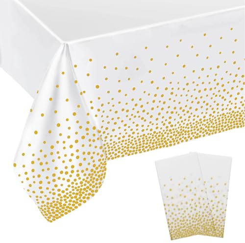 2 Stück Weiße und Gold Dot Tischdecke,Party Tischdecke,Tischdecken Bierzeltgarnitur,Wasserdicht Tischdecken,Geburtstag Tischdekoration,Silvester Deko,Tischtuch für Party,Picknick,Halloween
