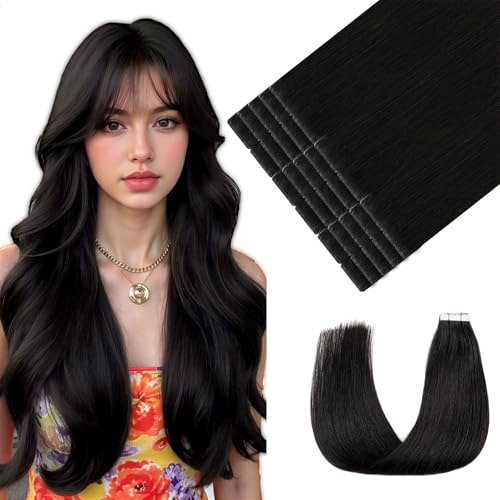 Youngsmile Invisible Tape Extensions Echthaar, 50cm 45g 20Stk, #1B Schwarz | Invisi Edge, Remy Echthaar, unsichtbarer Ansatz, natürlicher Look, seidig weich, langlebig, für den täglichen Gebrauch