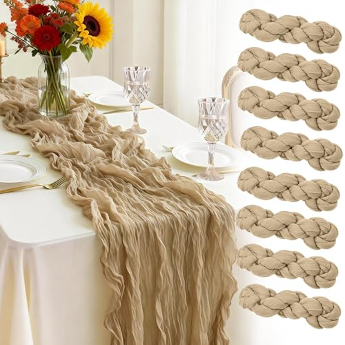 Otauoaea Tischläufer Khaki-Beige (8 Stück, 50x300 cm) - Rustikale Gaze Käsetuch Tischläufer im Bali-Gaze mit Faltenwurf für Hochzeit, Gartenparty, Brautparty, Geburtstag & Boho-Deko