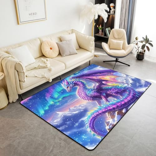 feelingyou Lila Drache Wohnzimmer Teppich 150x200cm Märchen westliches Tier Thema Schlafzimmerbereich Teppich für Jungen Mädchen Himmel Sternenberge Bodenmatte Heimdekor