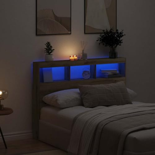 GeenYuu LED-Kopfteil mit Ablagen, Artisan-Eiche, 140x17x102 cm, modernes Design, RGB-Beleuchtung, Holzwerkstoff, viel Stauraum für Schlafzimmer
