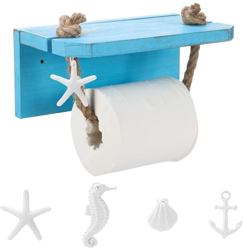 Nautical Rope Toilet Paper Holder with 4 Ocean Accessories, Classic, Blue | Coastal Beach Farmhouse Bathroom Decor, Wall Mounted Rope Towel Holder Unique Tissue Roll Holders with Wood Shelf, Blue