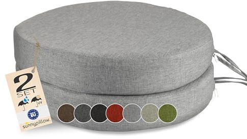 sunnypillow 2er Set Stuhlkissen Rund Ø 40cm, wasserdicht, Grau | UV-lichtecht, 7cm dick, Outdoor Polsterauflage mit Bändern, Auflage für Stühle, Sitzkissen Stuhlauflage für Haus und Garten