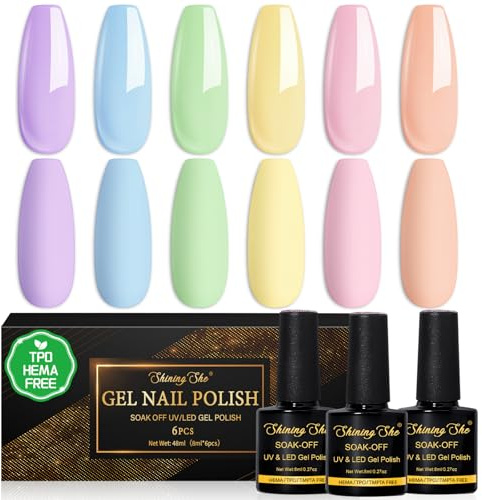 Shining She Gel Nail Polish Pastel, TPO-Free HEMA-Free, 6 Colors Macaron Purple Sky Blue Light Green Cream Yellow Light Pink Apricot Soak-Off UV Nail Polish Spring Summer for Manicure DIY at Home, 8ML