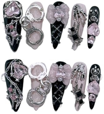 YDMHYLAI Cute Nails 10Pcs Black Coffin Press On Nails, Full Cover Gradient Metal Contrast, Reusable Wearable Tips(8-M)