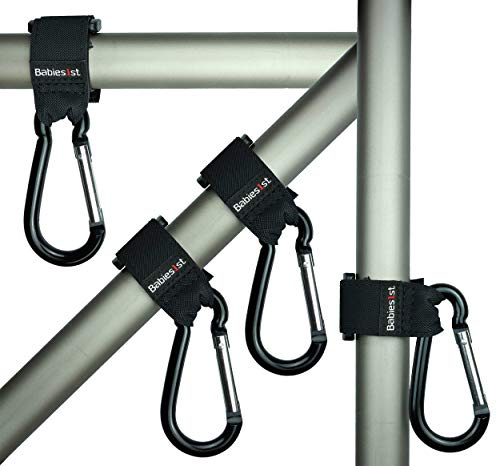 Kinderwagen Haken für Taschen Kinderwagen-Befestigung Kinderwagen Halterung | Karabiner-Haken für Kinderwagen, Rollstuhl | Black Hooks Aluminium Schwarz, Menge:4er Pack Schwarz