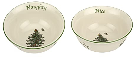 Spode Weihnachtsbaum-Dip-Schalen – Set mit 2 Stück, Naughty & Nice, 10,2 cm Porzellan-Servierschalen für Urlaubs-Dips, Snacks & Knabbereien – Festliches Geschirr Weihnachtsbaum-Design – spülmaschinen