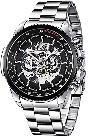 Tiong Business Herrenuhr Automatik Herren Mechanisch Automatikuhr Silber Schwarz Edelstahl Wasserdicht Uhr Herren Designer Analog Cool Leuchtend Steampunk -(Silver Black)