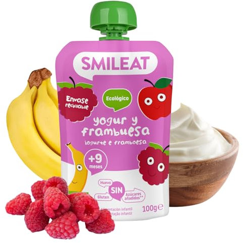 Smileat - Pouch de Frutas Ecológicas - Sin Sal ni Azúcar Añadido, Sin Gluten - Snack Práctico para Peques - Sabor a Yogur Frambuesa