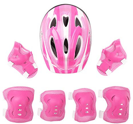 MSemis Casque Vélo Enfant 7 Pcs Set de Protection Roller pour Enfant Fille Garçon Casque Réglable Coudières Genouillère Protège-Poignets Protection Trottinette Skateboard Rose Taille unique