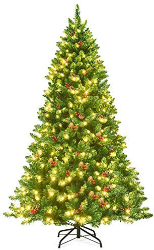 COSTWAY Árbol de Navidad con Luces Incorporadas 195cm, 56 Piñas y 56 Frutos Rojos, 450 Luces LED de Blanco Cálido, Christmas Tree with Lights, Agujas de PVC 1100 Puntas (195 cm)