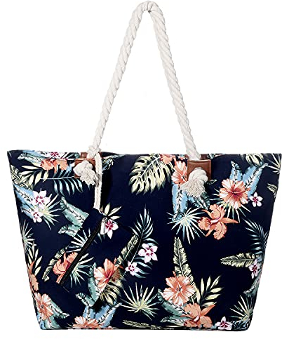 DonDon Strandtasche mit Reißverschluss, Große Strandtasche XXL, Shopper Tasche Damen - Praktische Beach bag Umhängetasche Damen Badetasche für Strand und Meer - Hawaiian Flower