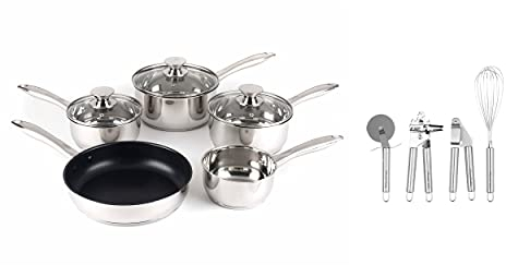 Russell Hobbs COMBO-7550A Classic Collection 5 Piece Pan Set, 14/16/18/20/24 cm and 4-Piece Stainless Steel Kitchen Tool Set, Silver