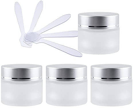 ZEOABSY 4 Pièce Petits Pots en Verre 10ml Translucide Bocaux en Verre Cosmétique avec Argent Bouchon à Vis Vides avec Bouchon Intérieur et 4X Spatule pour Crèmes Fait Maison,Poudres,Baume À Levrès