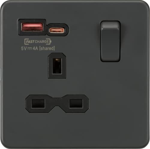 Screwless 13A 1G Switched Skt w/ Dual USB FASTCHARGE ports A/C; 5-12V 4A shared