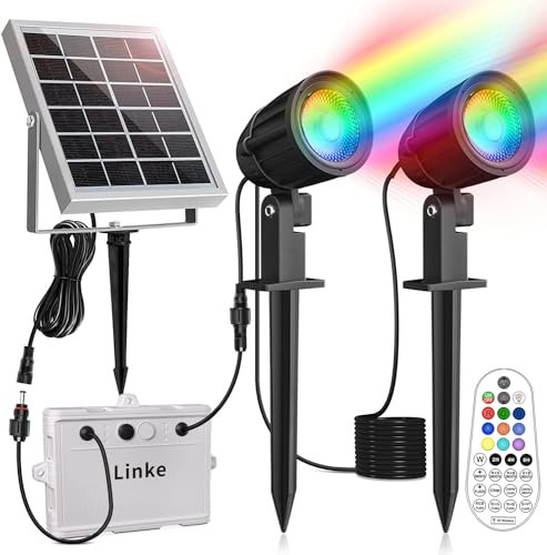 Linke Solar Spot Lights Outdoor Garden, 2 in 1 RGB Colour Changing Solar Landscape Spotlights with Remote Control, Dusk to Dawn Wall Lights IP66 for Garden Path Patio Tree Fence Statue