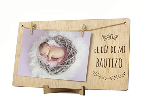 CONTRAXT Portafotos Bautizo niño o niña. Regalos originales Marcos fotos infantiles con pinzas madera natural Decoracion bebe Recordatorio Detalles bautizo niña niño recuerdos invitados (Bautizo ES)
