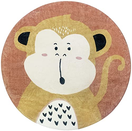USTIDE Baby-Spielmatte, rund, weich, extra groß, kriechender Affe, Kinderteppich, waschbar, rutschfest, Cartoon-Teppiche für Schlafzimmer, Spielzimmer, Kindergarten, Schule, Babyteppich (120 cm)