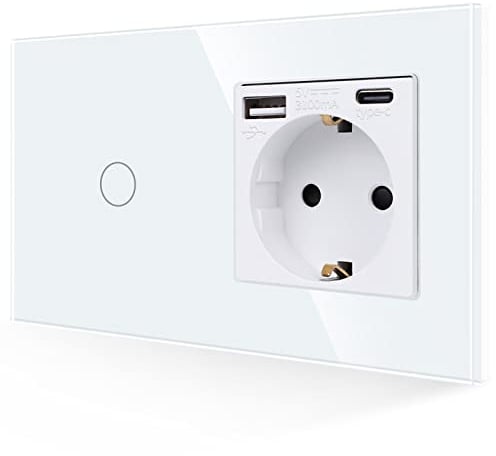 JIMEIDA USB Steckdose 20W Schnelles Laden mit Lichtschalter in Weiß, 16A Glas Steckdose Unterputz mit 1 USB Ladegerät und 1 Typ-C Port, 1-Fach 1-Poliger Touch Wandschalter mit Status-LED