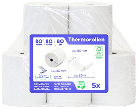 SWIPARO - Thermorollen 80mm x 80m x 12mm - Kassenrollen - Bonrollen zertifiziert für Registrierkasse mit Bondrucker - Thermopapier 80x80x12 (5 Rollen)