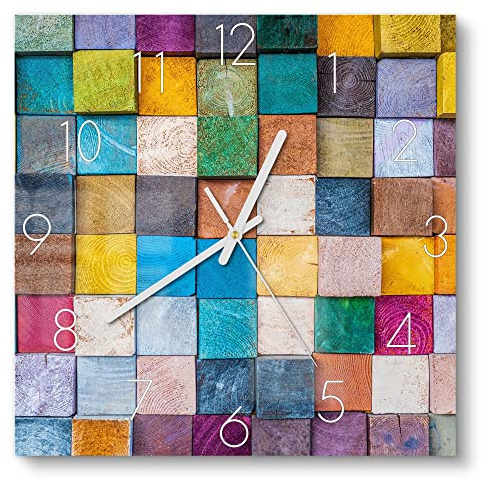 DEQORI Glasuhr | 30x30 cm | Motiv Buntes Holzmosaik | ausgefallene leise Design Uhr aus Glas | Wanduhr für Wohnzimmer & Küche | moderne Hingucker Uhr für die Wand