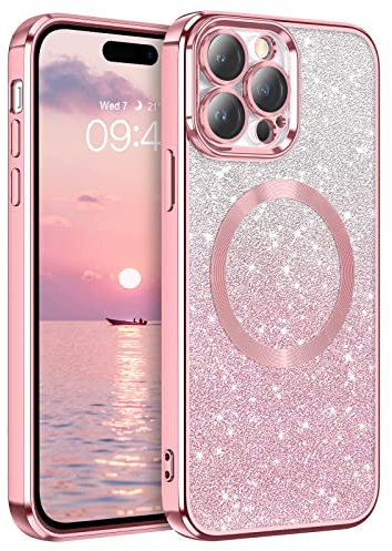 DUEDUE für iPhone 14 Pro Max Hülle Glitzer 6.7'', iPhone 14 Pro Max Handyhülle Glitzer mit Magnetische Stoßfeste Schutzhülle Soft TPU für iPhone 14 Pro Max Hülle Mag-Safe 6.7 Rosa