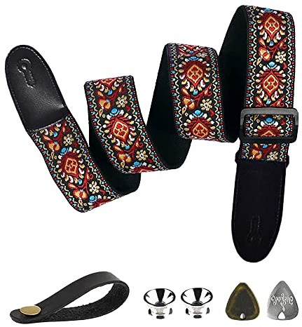 BetterJonny Gitarrengurt, Baumwolle Verstellbarer Gitarrenband Gitarre Schultergurt Guitar Strap mit Lederenden Gurtschlösser Gitarrenhals Gurt für Westerngitarre E-Gitarre Akustikgitarre Bass, Rot